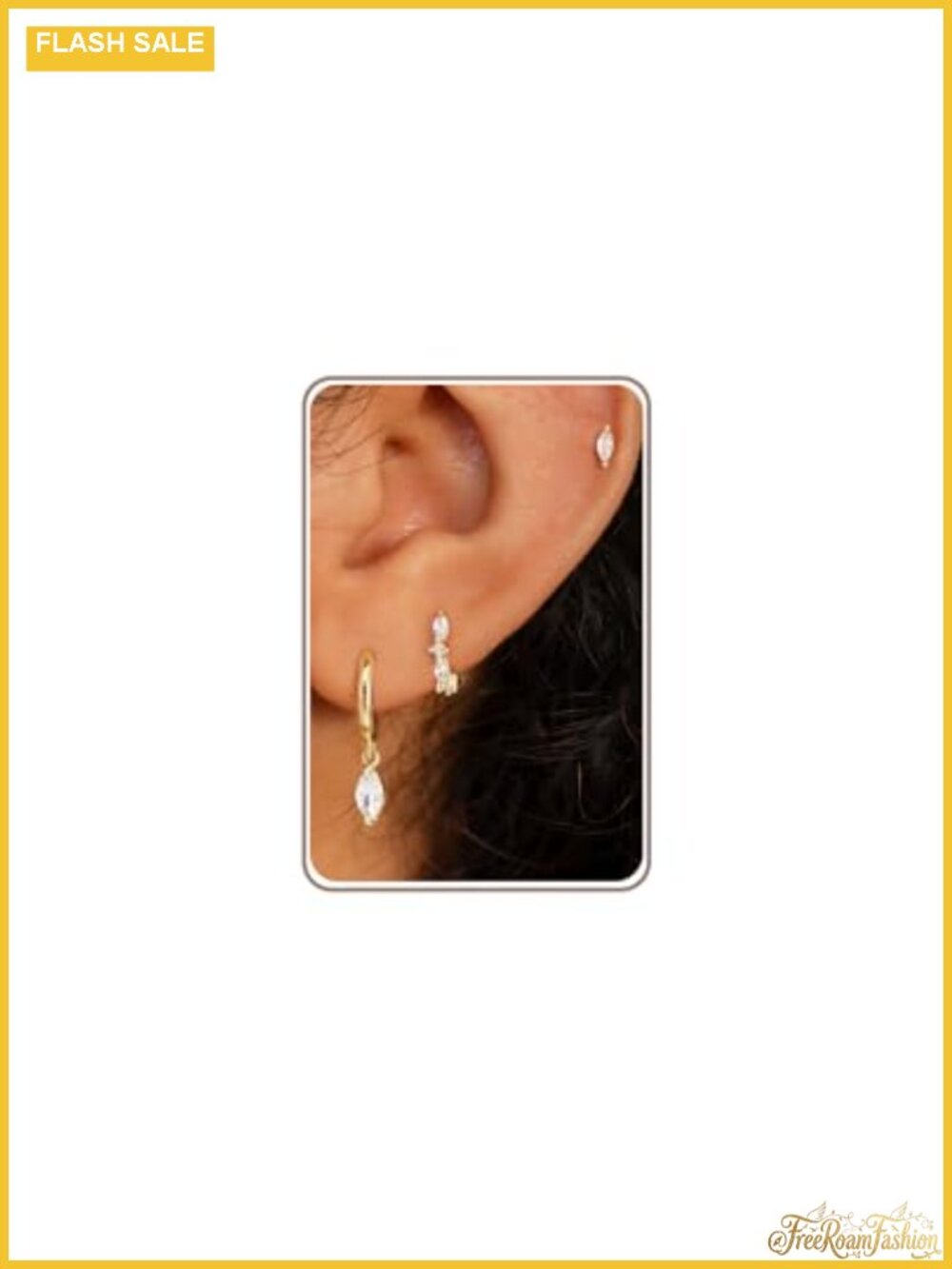 3 Pairs Gold Earring Set Marquise Studs Hoop Dangle 14K Gold Plated